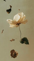 Sticker - A Single White Flower and Dried Leaves Falling Through the Air