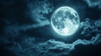 full moon shining on cloudy night sky background.