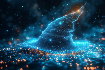  A mystical witch's hat floating in an abstract digital background, symbolizing magic, mystery, and enchantment.