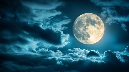 full moon shining on cloudy night sky background.