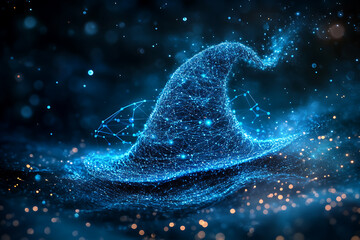 A mystical witch's hat floating in an abstract digital background, symbolizing magic, mystery, and enchantment.