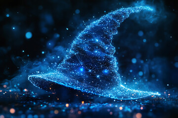 A mystical witch's hat floating in an abstract digital background, symbolizing magic, mystery, and enchantment.