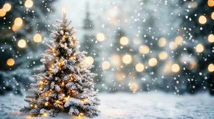 A snowy Christmas tree with warm white lights in a winter forest setting, with bokeh lights in the background.