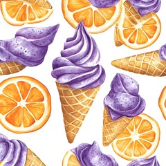 Sticker - Watercolor Seamless Pattern with Ice Cream and Orange Slices