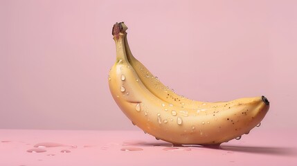 A close-up of a ripe banana with water droplets,  resting on a soft pink background.