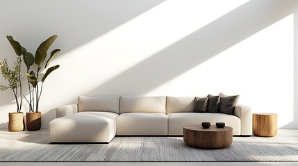 Wall Mural - A modern living room radiates tranquility with a white sofa, wooden table, and green plants.