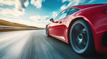 A red sports car speeding down a highway, with motion blur capturing its fast movement under a blue sky.