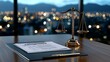 © Raitalinn - The scales of justice sit prominently on a lawyer's desk, framed by a city skyline view.