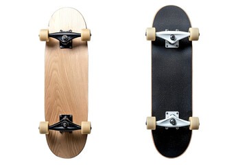 Deux skateboards en bois marron et noir sur fond transparent PNG