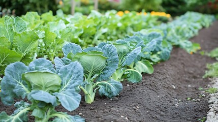 Wall Mural - Close-up of healthy broccoli plants growing in evenly spaced rows
