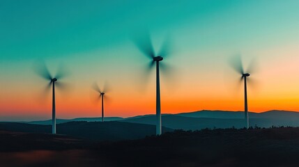 a conceptual image of wind energy, with blurred motion of turbine blades spinning against a clear sk