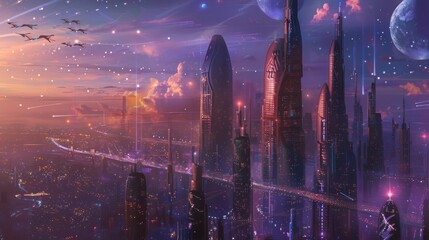 Canvas Print - Futuristic Cityscape with Stars and Flying Ships