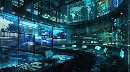 Futuristic Control Room with Advanced Technology and Data Visualization