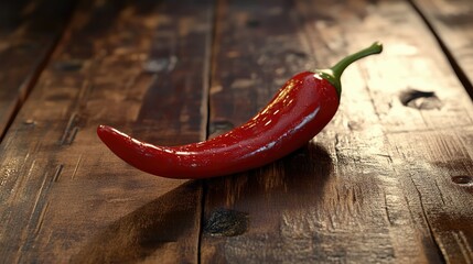 A vibrant red chili pepper resting on a rustic wooden table, with its glossy surface catching the light.