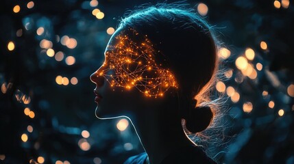 Wall Mural - a young woman's face is illuminated by a network of glowing lines, creating a futuristic and etherea
