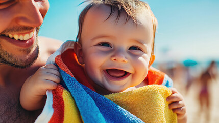 Canvas Print - wrapped baby on the beach after playing in the water 