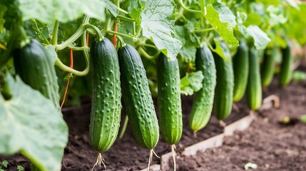 Close-up of cucumber plants flourishing in perfectly aligned rows
