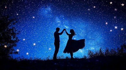 Silhouettes of a Couple Dancing Under a Starry Night Sky, Composition Portrait, Image Details Two figures silhouetted against a blue night sky with stars