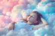 © Marcos - Young girl sleeping on clouds, comfortable cottony bed rest relaxing dreaming heaven sky, bedtime sleep