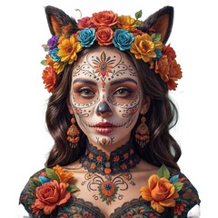 Día de los Muertos, Mexican holiday Day of the Dead and Halloween. Vector illustration of a woman with sugar skull makeup - Calavera Catrina, cat, flowers and mexican objects for poster or background