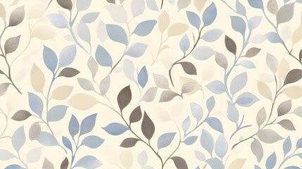 Sticker - Seamless pattern with blue and beige leaves on white background