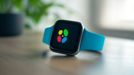 A smart watch with a blue band and a green and yellow logo