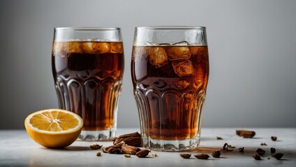 Wall Mural - A pair of glasses filled with fresh kvass on a clean white background, highlighting the traditional beverage's refreshing appeal.