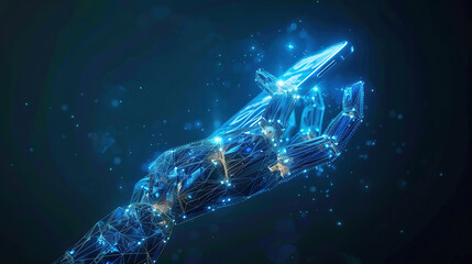 A hand robotic hold phone made by low-poly wireframe in dark blue abstract background, Digital technology concept