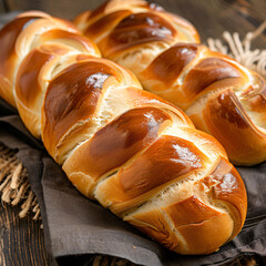 Freshly baked braided bread loaf on a dark table