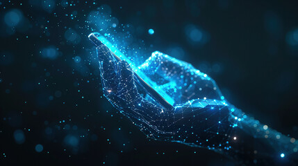 A hand robotic hold phone made by low-poly wireframe in dark blue abstract background, Digital technology concept
