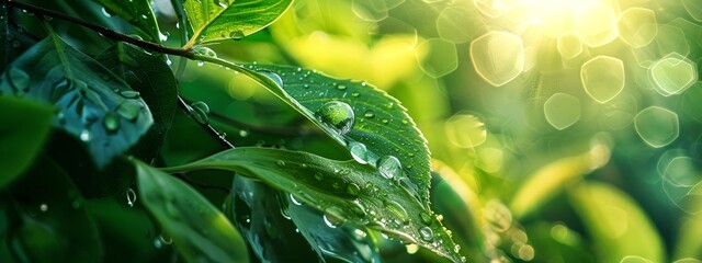 Close-up of dewdrops on green leaves in natural sunlight