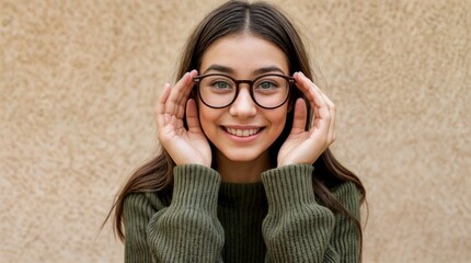 Closeup portrait of a young teenage girl with beautiful face and attractive appearance wearing glasses.