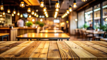 Poster - Empty wooden table bar with blurred restaurant background for product display or montage