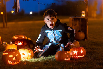 Poster - Two boys in the park with Halloween costumes, carved pumpkins with candles and decoration.