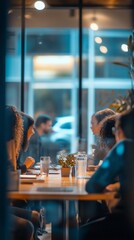 Evening gathering at a cozy cafe: friends enjoy conversation over drinks, bathed in warm light. Reflections on the window pane add depth to the intimate scene.