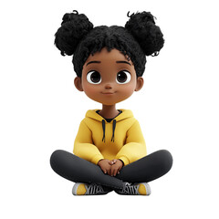 A cheerful cartoon girl with curly hair sitting in a relaxed pose, wearing a bright yellow hoodie and casual attire.