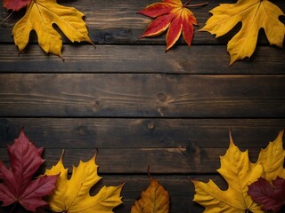 Autumn leaves border on rustic wooden background