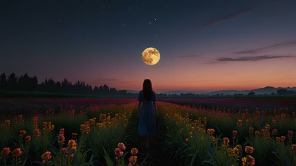 Wall Mural - a silhouette of a woman in a twilight flower field with the full moon rising in the sky, capturing a