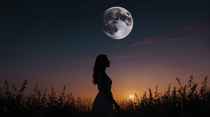 Wall Mural - a silhouette of a woman in a twilight flower field with the full moon rising in the sky, capturing a