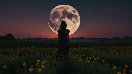 Wall Mural - a silhouette of a woman in a twilight flower field with the full moon rising in the sky, capturing a