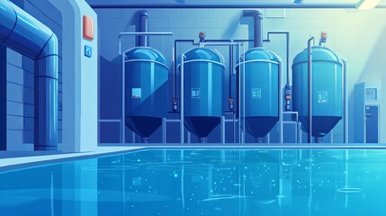 Cartoonstyle illustration of a pump station for water featuring a water tank liquid treatment plant and industrial wastewater separator representing filtration technology in the