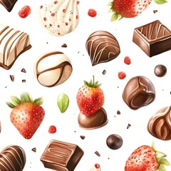 Sticker - Watercolor Seamless Pattern with Chocolate and Strawberries