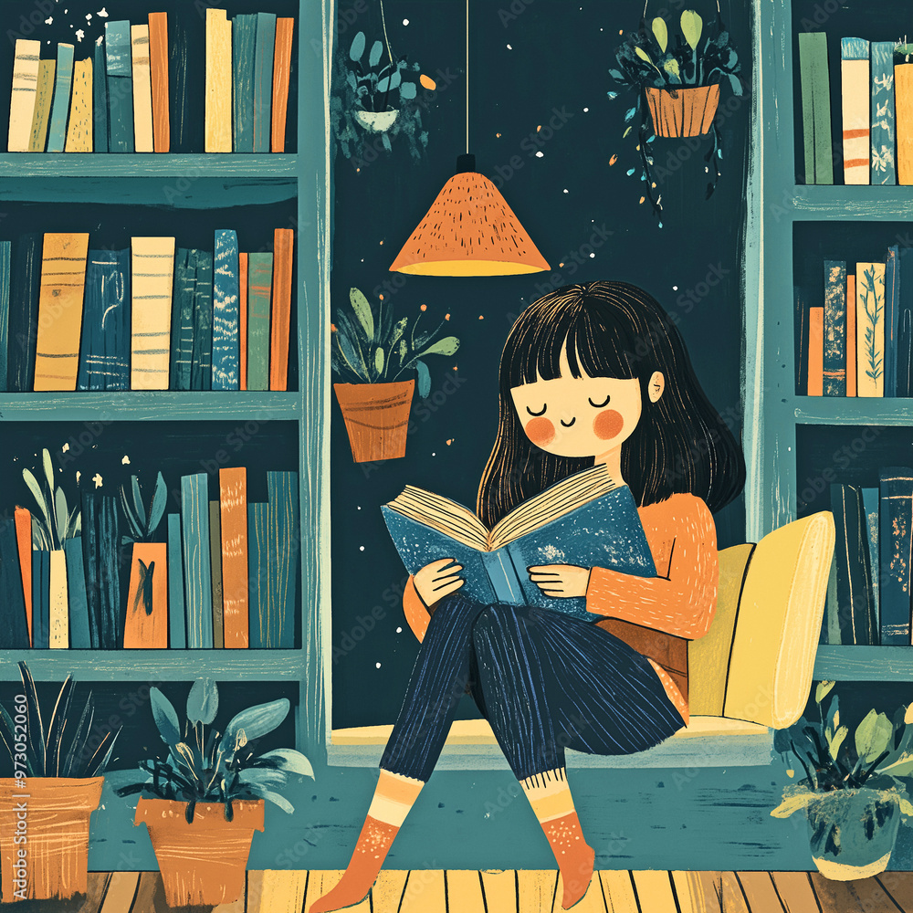 Girl immersed in reading a book sitting comfortably in a library Stock ...