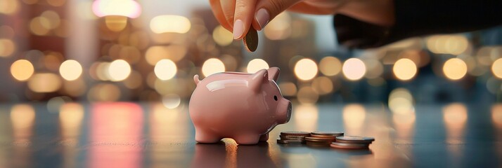 Hand inserting coin into pink piggy bank on reflective surface with blurred lights, symbolizing savings and financial planning for future goals.