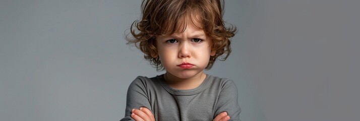 Expressive portrait of a young child with curly hair and a pronounced frown, arms crossed, conveying strong emotions of displeasure or defiance against a neutral background.