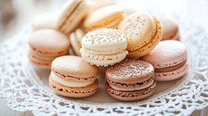 A delicate plate of macarons in various flavors, arranged on a white lace doily.