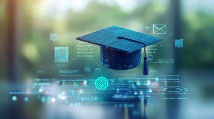 digital education concept with icons of computer, graduation cap and school board on blurred background. Digital learning online system for distance education or futuristic new AI technology