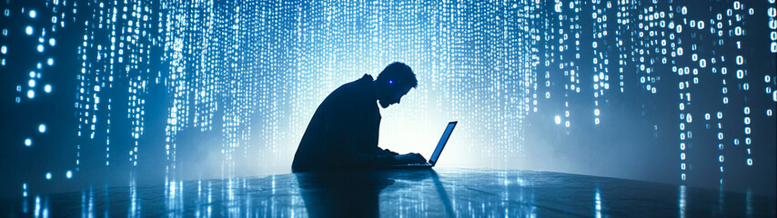 Wall Mural - Stealthy Hacker in Dark Room Typing on Laptop Surrounded by Digital Code Streams, Cybersecurity Concept