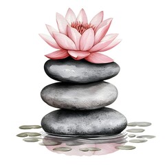 Wall Mural - Water Lily and Stones Watercolor Illustration