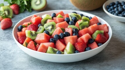 A fresh fruit salad featuring watermelon, kiwi, strawberries, and blueberries, served in a white bowl.